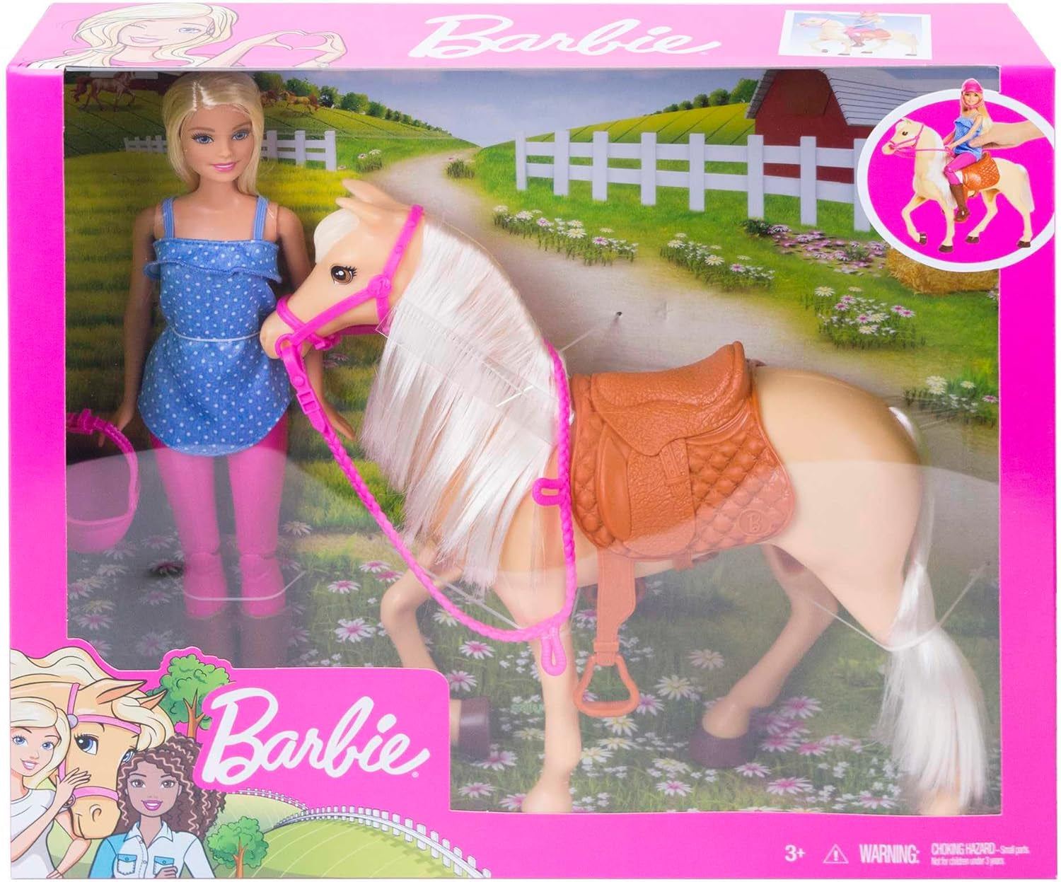 Păpușă Barbie și jucărie cu cal, accesorii pentru călărie, include 1 păpușă și 1 cal, potrivită ca și cadou pentru copiii cu vârsta de 3 ani și peste, FXH13