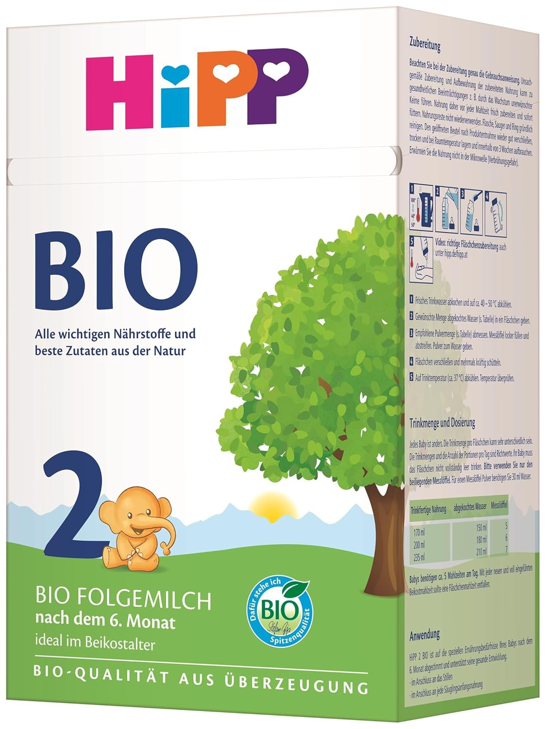 Lapte de continuare HiPP 2 Organic (4 x 600g), după 6 luni, cu Omega-3 (DHA, ALA), calciu și amidon organic ușor de preparat, de cea mai bună calitate organică