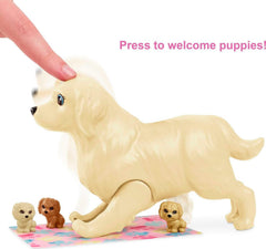 Barbie HCK76 - Welpen-Spielset mit Barbie-Puppe (ca. 29 cm, dunkelbraune Haare), Hündin, die Welpen gebären kann, 3 Welpen & Pflegezubehör, Spielzeug Geschenk für Kinder von 3 bis 7 Jahren