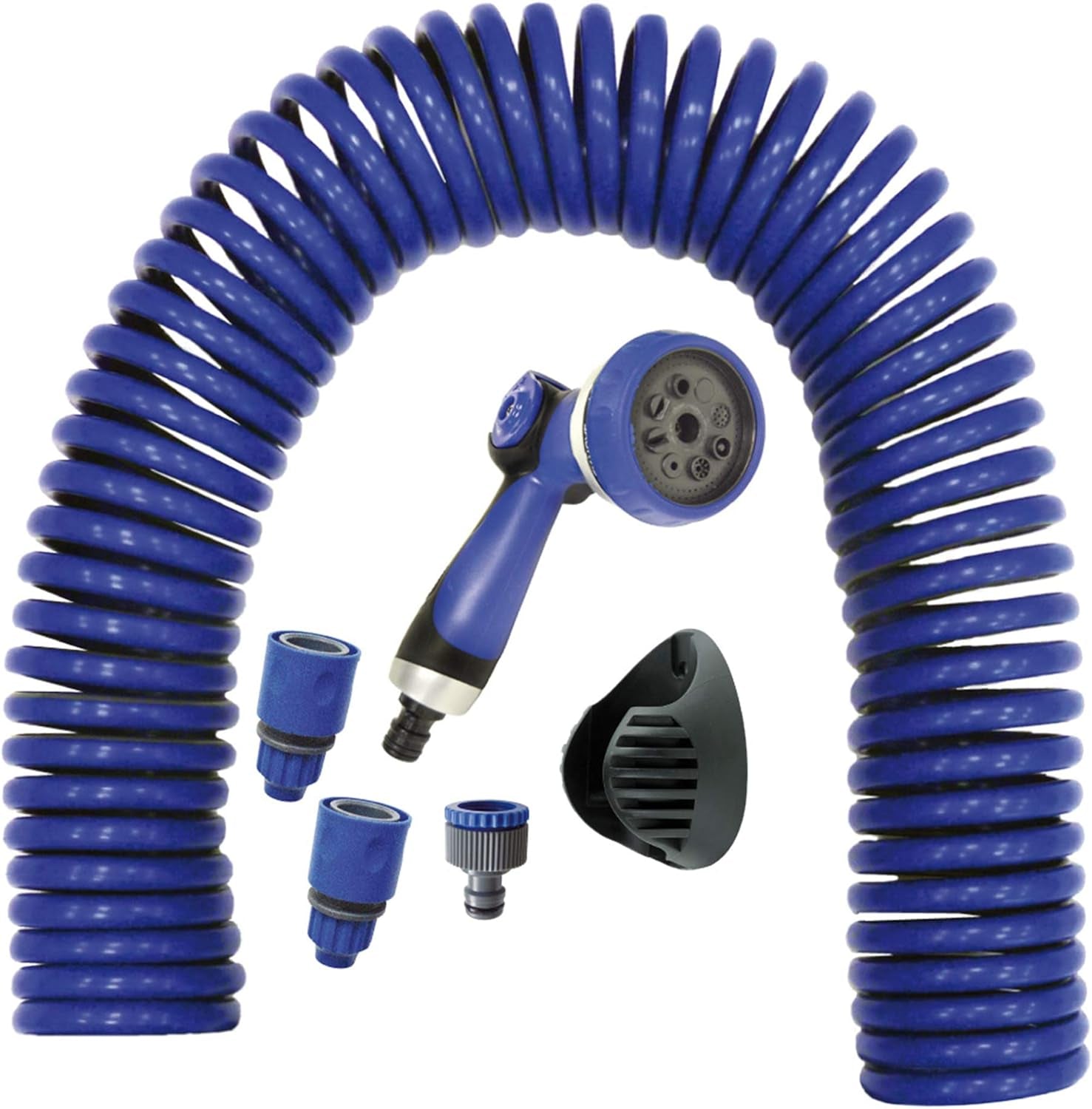 590078 – Set furtun spiralat, albastru, 15 metri (diametru 9 mm) + pistol multifuncțional cu 8 duze + filet interior automat cu adaptor ¾-½ + 2 conectori rapizi + suport de agățare