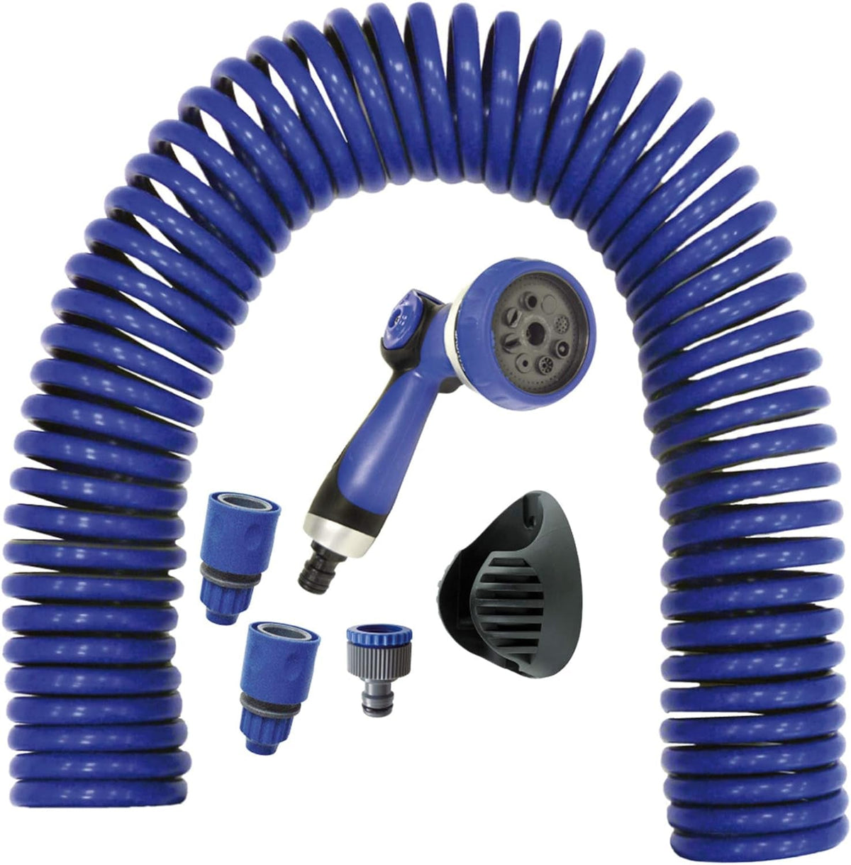 590078 – Set furtun spiralat, albastru, 15 metri (diametru 9 mm) + pistol multifuncțional cu 8 duze + filet interior automat cu adaptor ¾-½ + 2 conectori rapizi + suport de agățare
