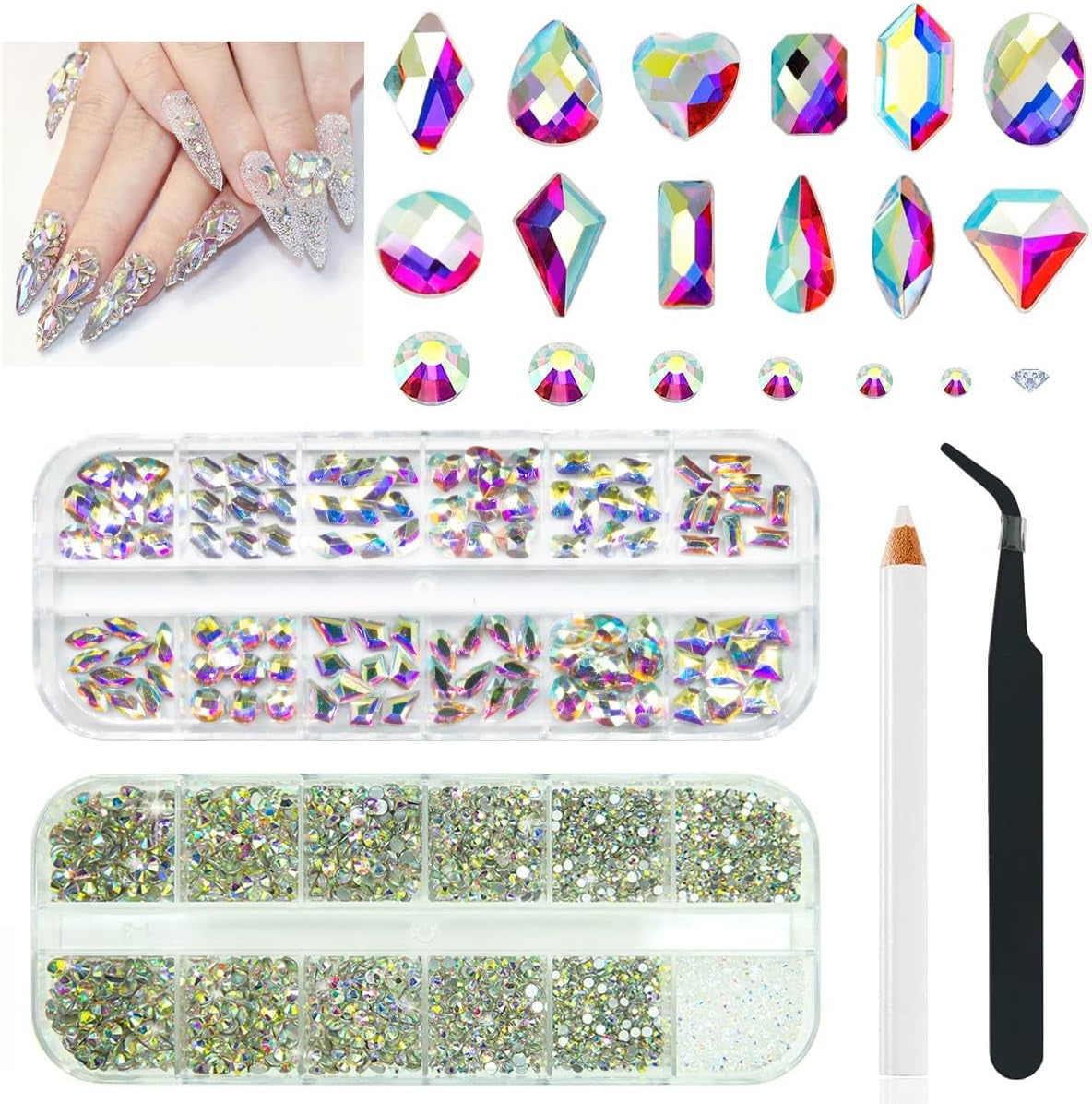 2630 buc pietre strălucitoare cristal AB pentru unghii, 120 pietre strălucitoare mari de 12 tipuri + 2510 pietre rotunde din sticlă K9 de 6 dimensiuni pentru unghii, strasuri, design de unghii, brelocuri pentru unghii pentru arta feței