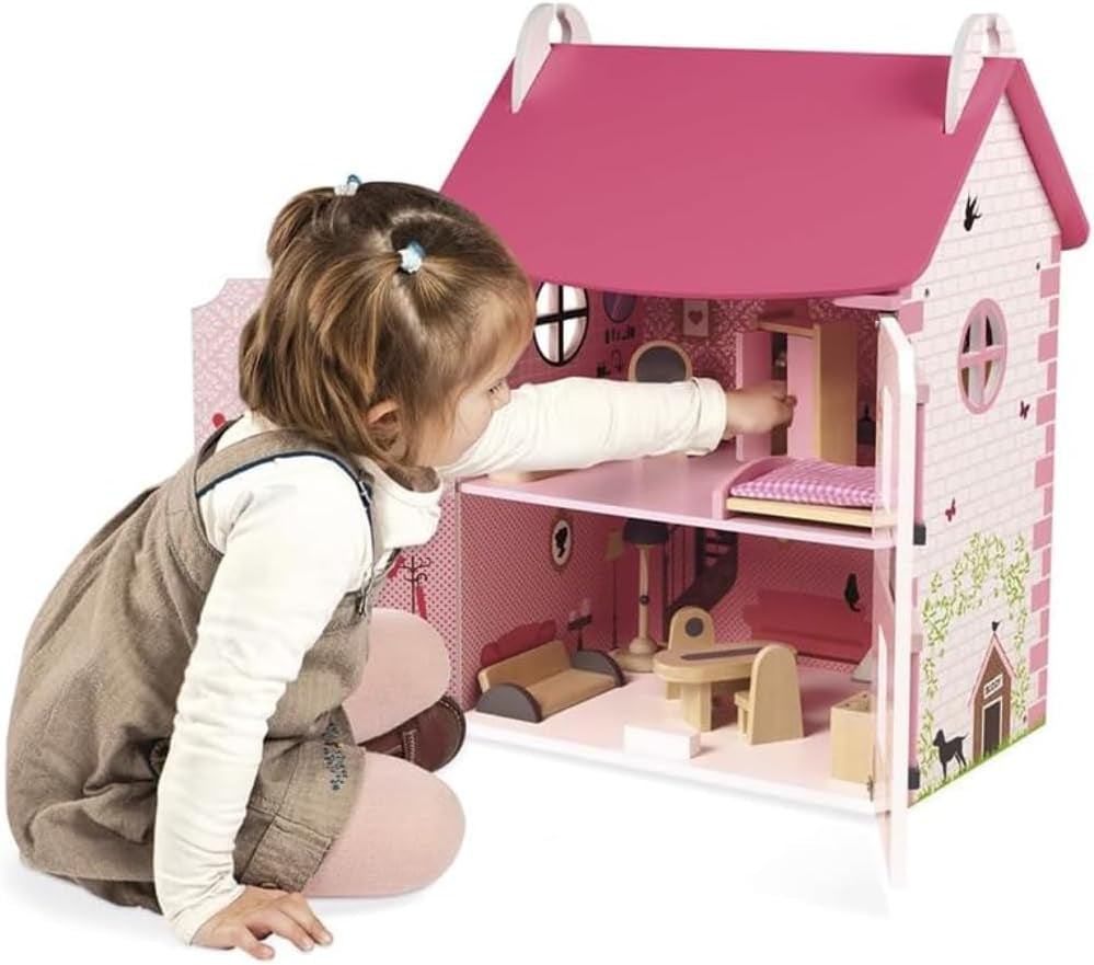 Janod - Casă de păpuși din lemn Mademoiselle, 3 etaje și cu 11 accesorii, replică de jucărie, dezvoltă imaginația, de la 3 ani, J06581