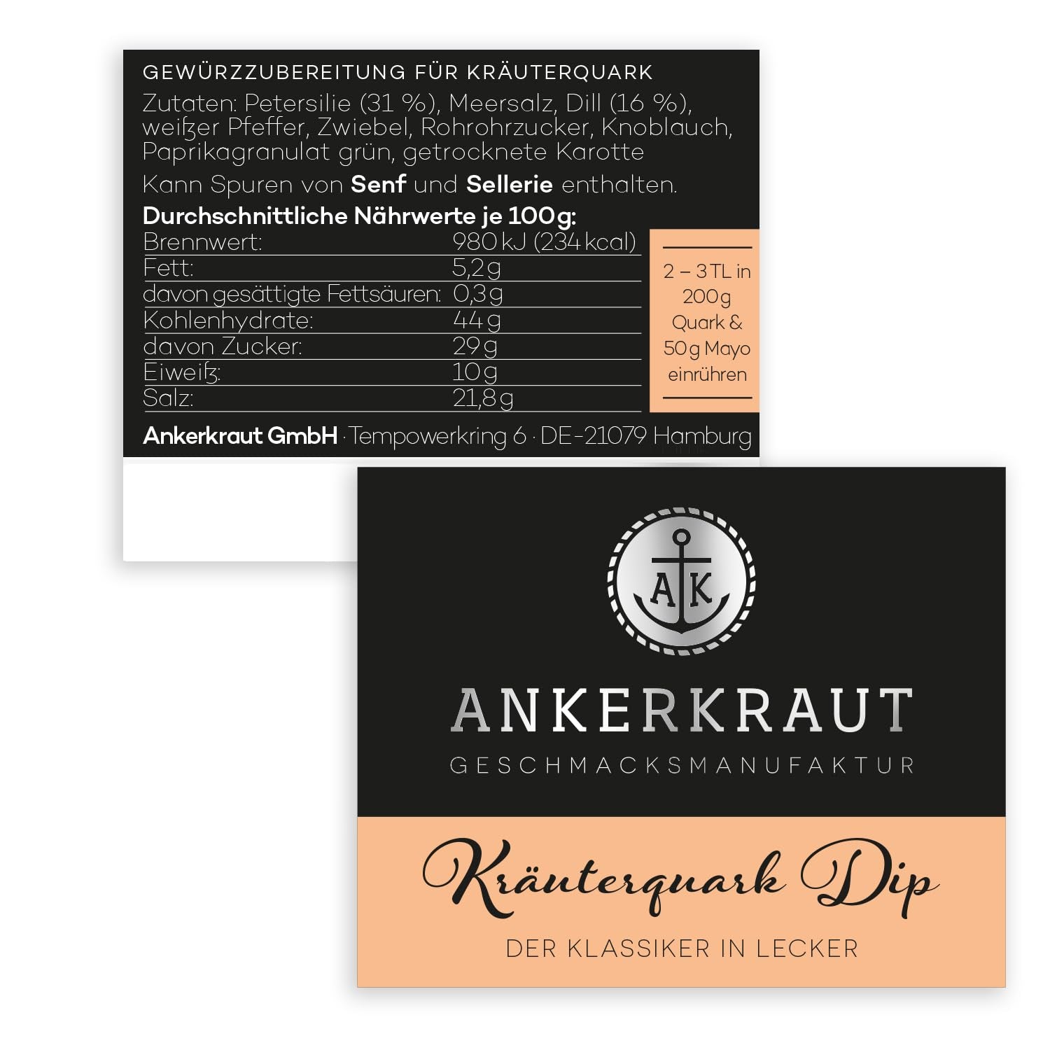 Ankerkraut Kräuterquark Dip, Gewürzmischung für Quark, Ohne Geschmacksverstärker, Premium Qualität, Alternative Joghurt und Soja-Quark, Aufstrich selber machen, 55 g im Korkenglas