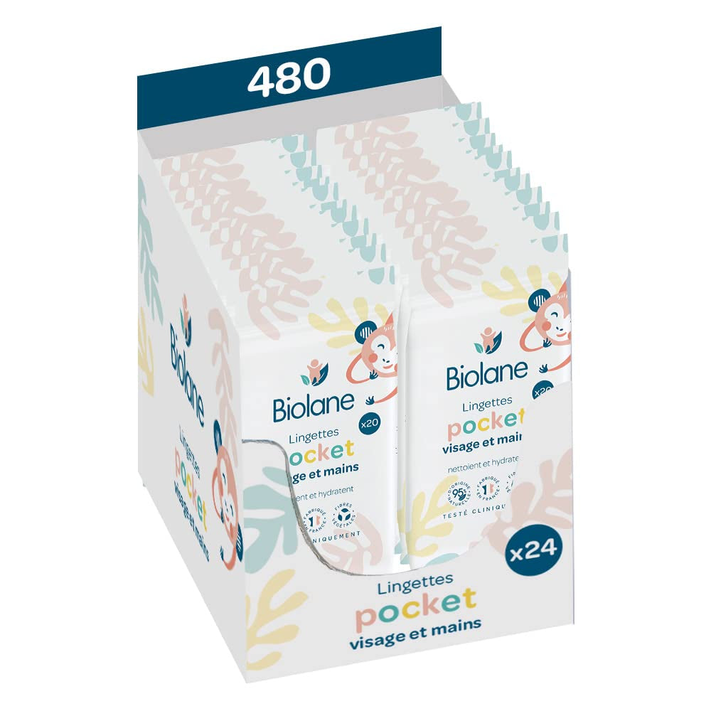 BIOLANE - Șervețele umede pentru bebeluși pentru față și mâini – Pachete de 6 – 384 șervețele (6 x 64 cm) – Curăță și protejează – Toaletă – Hipoalergenice – Pentru piele sensibilă – Ingrediente 97% naturale – Fabricate