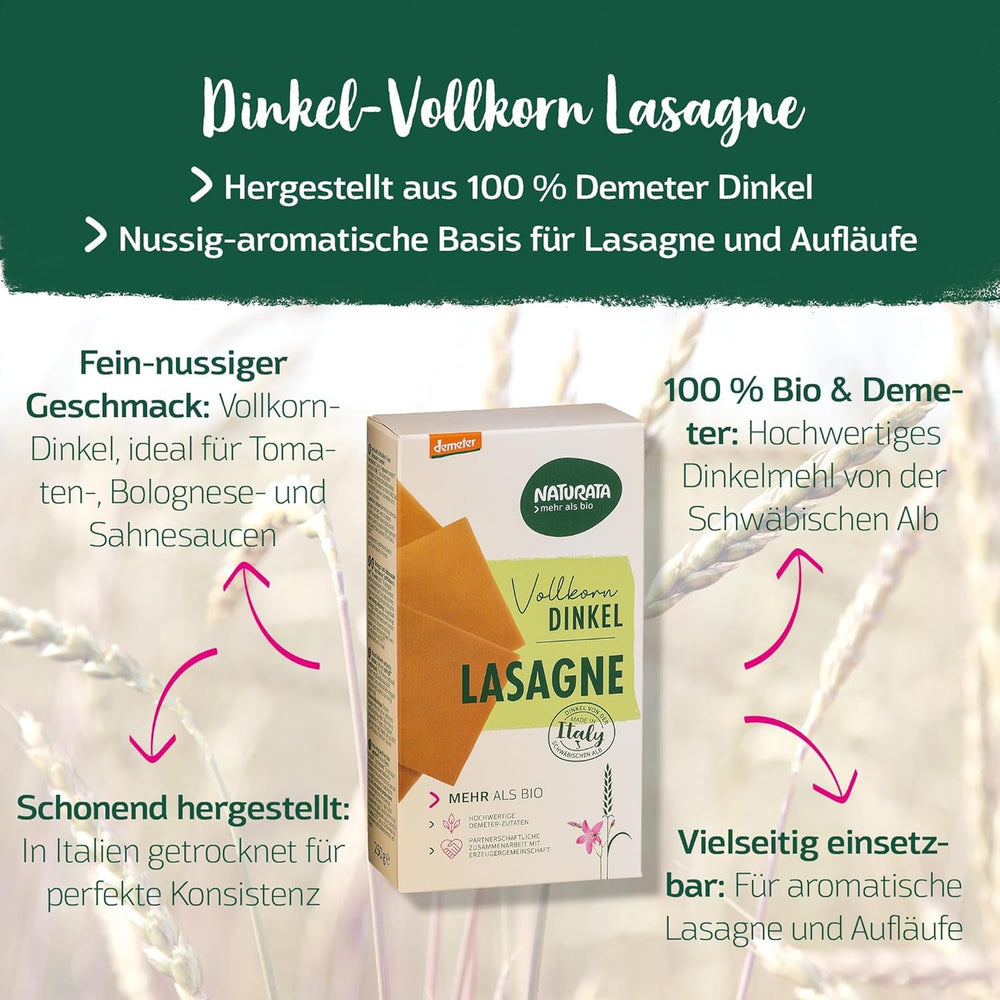 Foi de lasagna din speltă integrală organică, 250 g | Speltă Demeter din Alpii Șvabi | Aromă delicată de nucă pentru lasagna și caserole