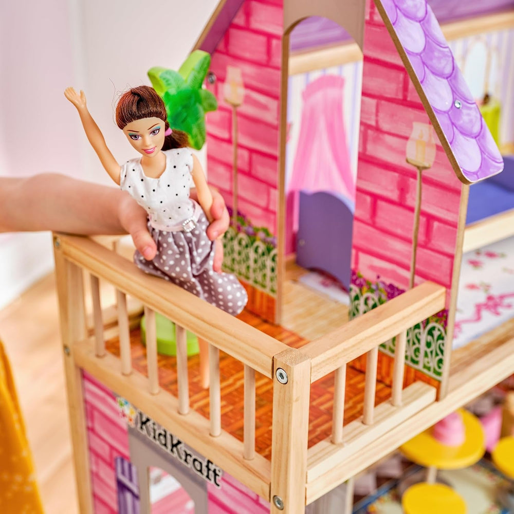 KidKraft Casă de păpuși Kayla din lemn cu mobilier și accesorii, set de joacă cu 3 niveluri pentru păpuși de 30 cm, jucărie pentru copii de la 3 ani în sus, 65092 - Exclusiv pe Amazon