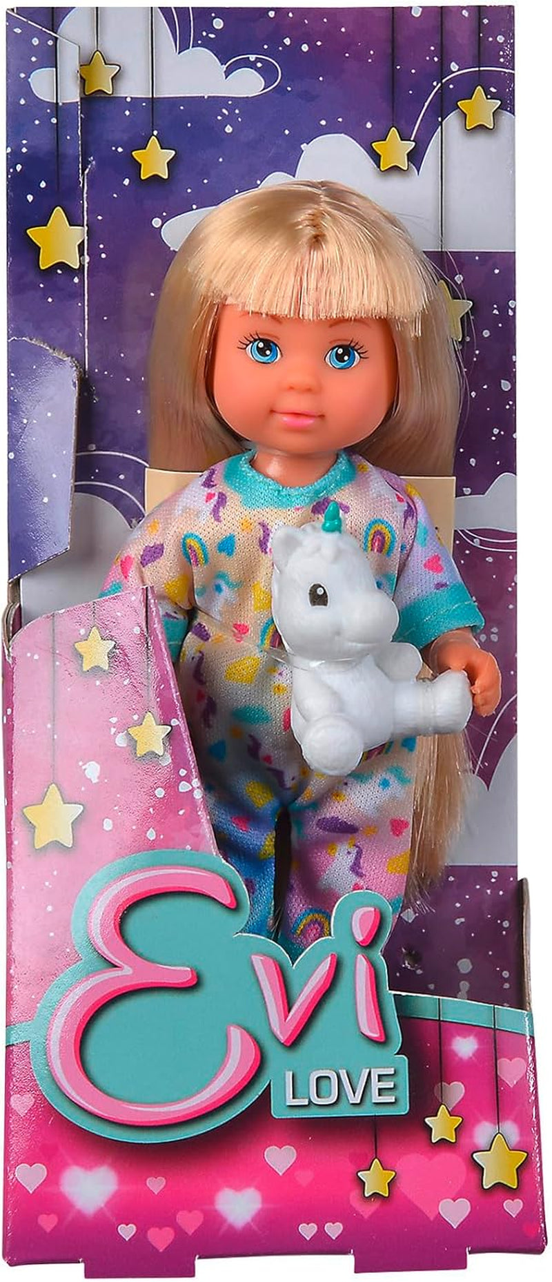Simba Evi Love Pyjama, 3-Fach Sortiert, es Wird nur EIN Artikel geliefert, Puppe in einem süßen Pyjama mit Einhornkuscheltier, 12cm Spielpuppe, ab 3 Jahren