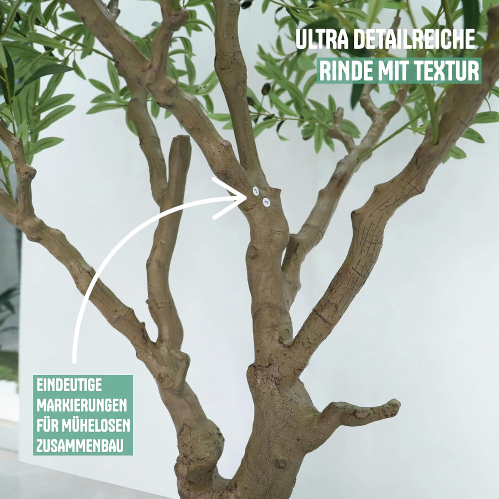 Olivenbaum Künstlich 210 Cm Inkl. Topf - Künstlicher Olivenbaum Mit Naturgetreuem Stamm, Realistischen Blättern & Oliven - Künstlicher Baum Für Indoor & Outdoor, Groß, Inklusive Moos & Topf
