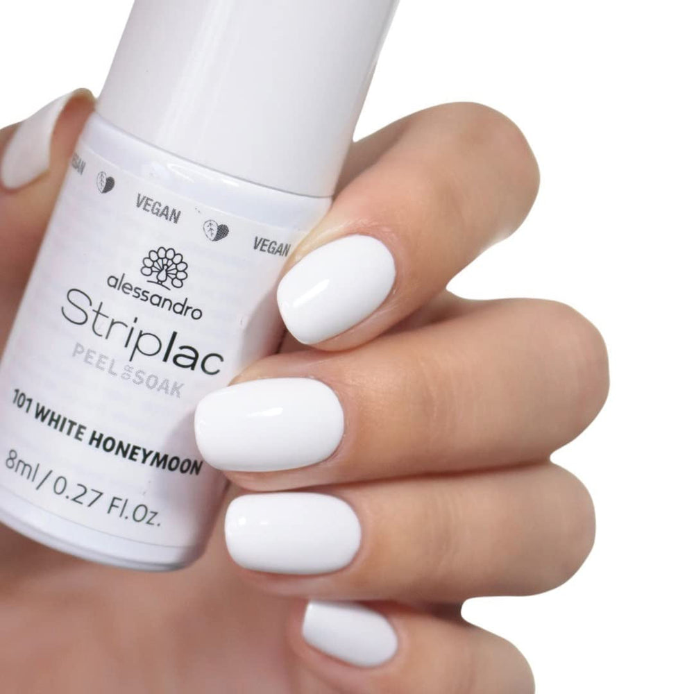 Oja UV alessandro Striplac White Honeymoon – Delicată și de lungă durată – Îndepărtare ușoară datorită tehnologiei de îndepărtare – Vegană și fără cruzime – 8 ml