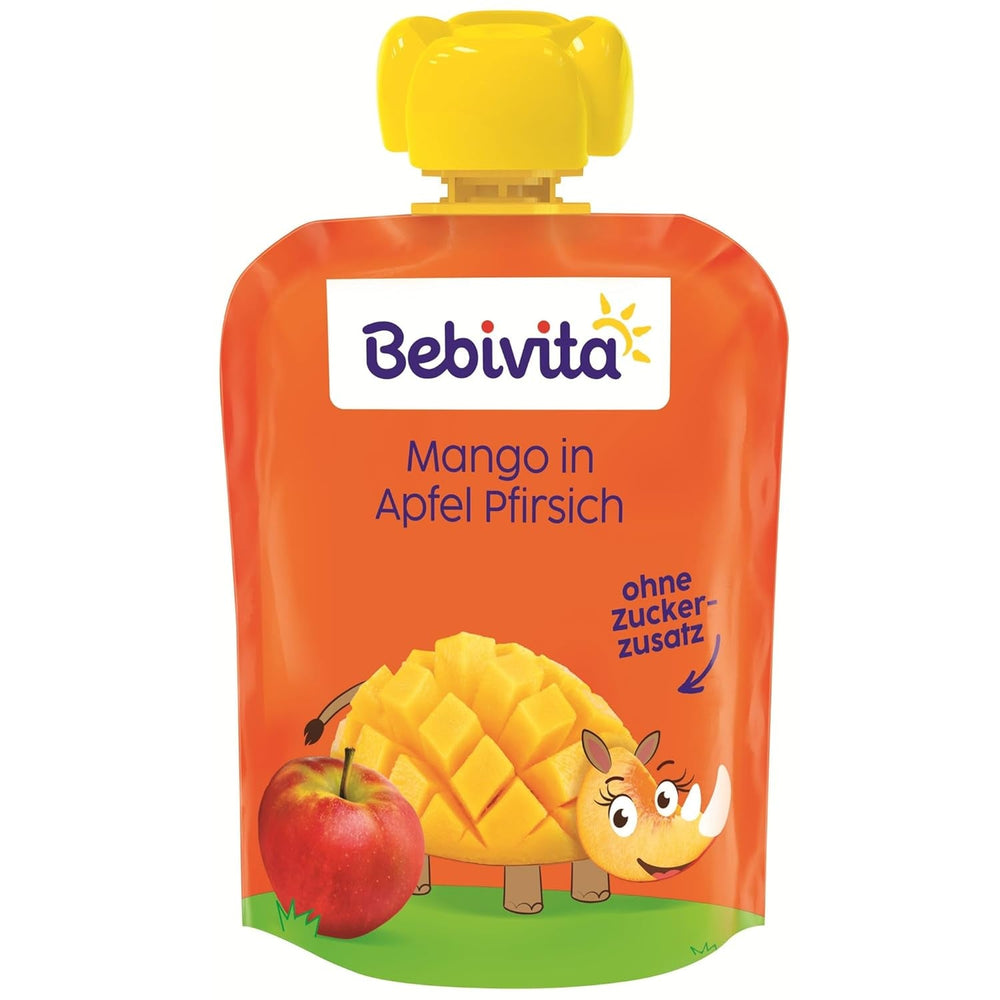 Pliculețe stoarcibile cu mango și măr și piersici – 16 bucăți (pachet de 4, 4 x 90 g fiecare), fără zahăr adăugat, fără gluten, ideale pentru gustări la pachet și pentru luate în mod independent