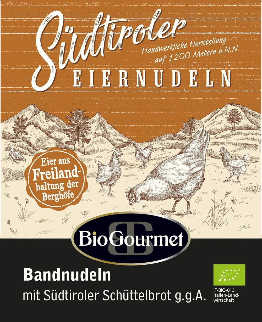 Tăiței panglică BioGourmet cu Schüttelbrot din Tirolul de Sud (IGP) | Tăiței de ou sărați și aromati cu speck autentic din Tirolul de Sud | 1 x 250g Bio