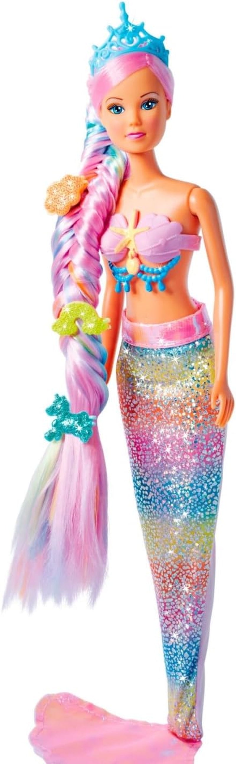 Simba 105733610 - Steffi Love Sirena Curcubeu, păpușă de modă sub formă de sirenă curcubeu cu păr colorat, agrafe de păr, pieptene și aripioară detașabilă, păpușă de joacă 29 cm, de la 3 ani