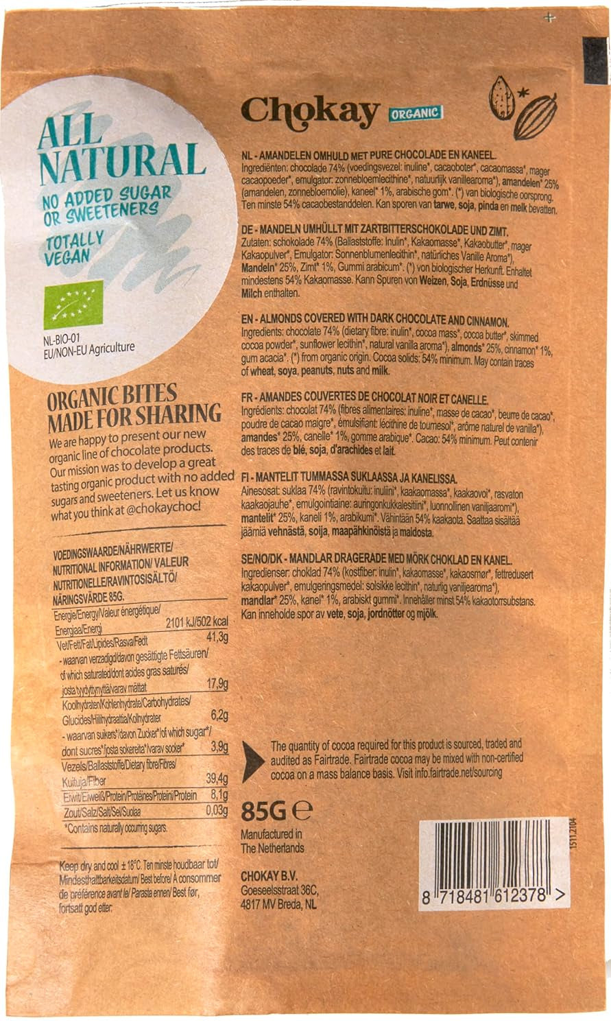 Set de 4 bucăți Organic Bites - Migdale cu scorțișoară/Migdale cu scorțișoară în ciocolată neagră belgiană/Fără zahăr adăugat, fără îndulcitori/VEGAN ȘI COMERȚ ECHITABIL / 4 x 85g