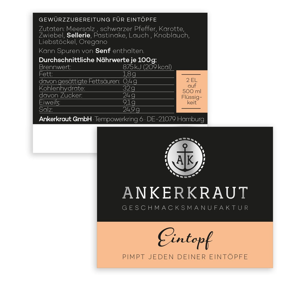 Ankerkraut Eintopf, Linsen, Bohnen und Gemüse, Gewürz-Mischung, Vielfalt für jeden Geschmack, ohne Geschmacksverstärker, lecker schmecker, 90 g im Korkenglas