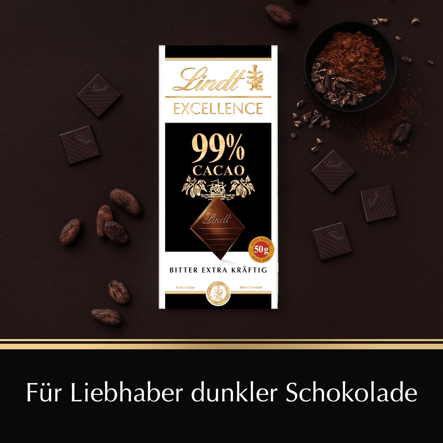 Lindt EXCELLENCE 99% Baton Ciocolată Neagră - Aromă Intensă De Cacao 50g Vegan Premium