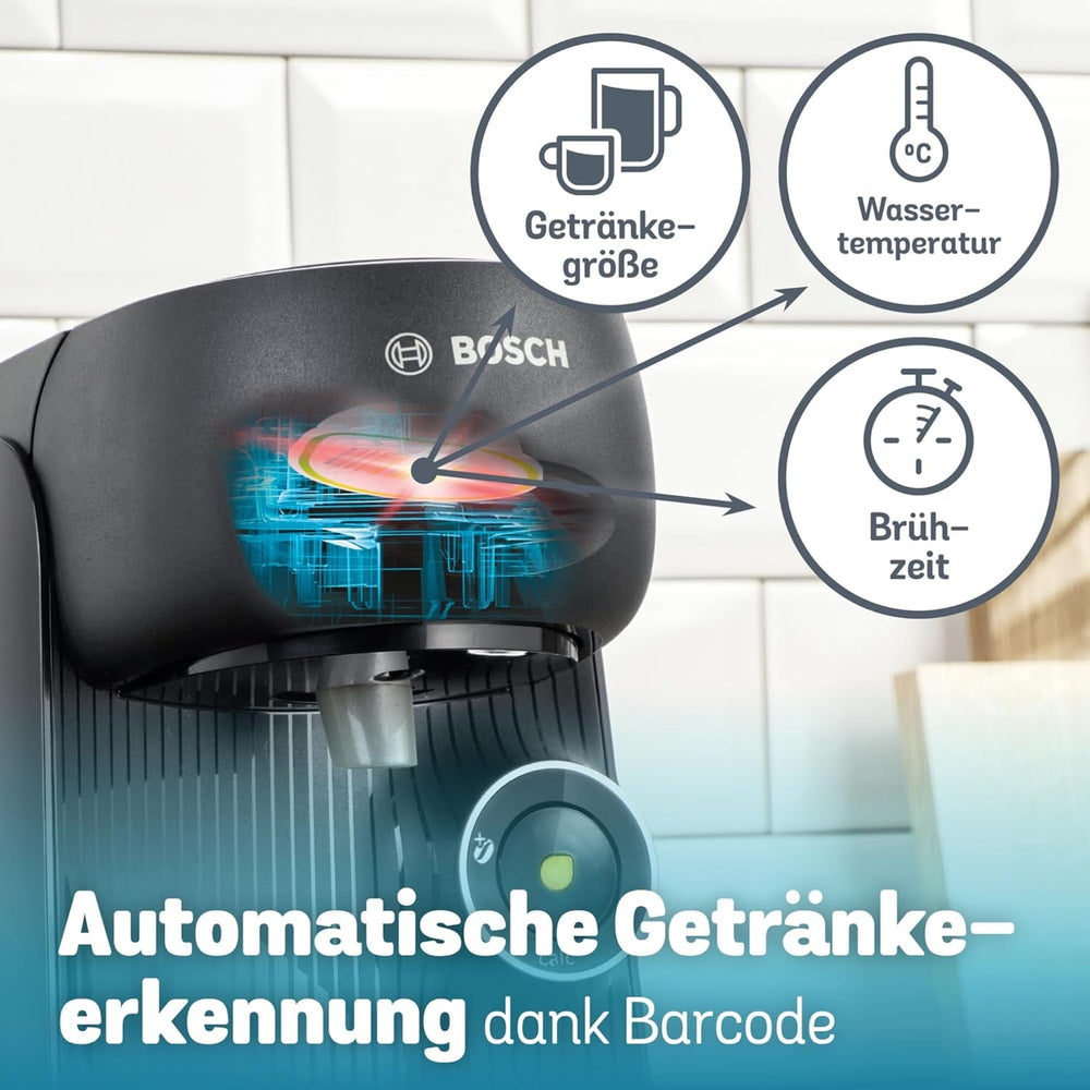 Espressor cu capsule Bosch Tassimo finesse TAS162E, 70 de băuturi, cafea mai intensă prin simpla apăsare a unui buton, oprire automată, sustenabil, dozare perfectă, 1400 W, negru/negru