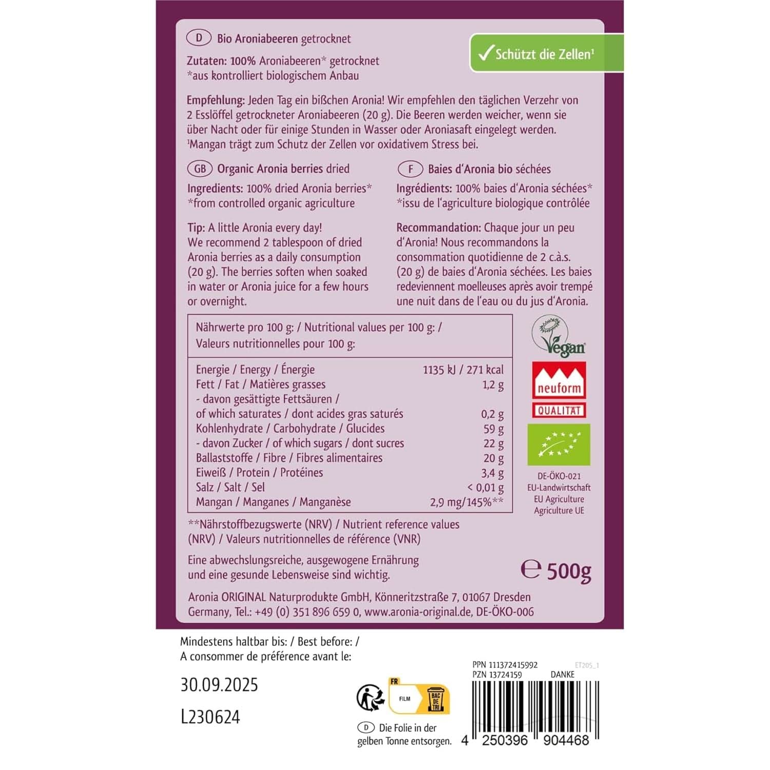 Aronia ORIGINAL, Fructe de aronia deshidratate, fără conservanți, fără zahăr adăugat, 500 grame Produse deshidratate Naty Shop