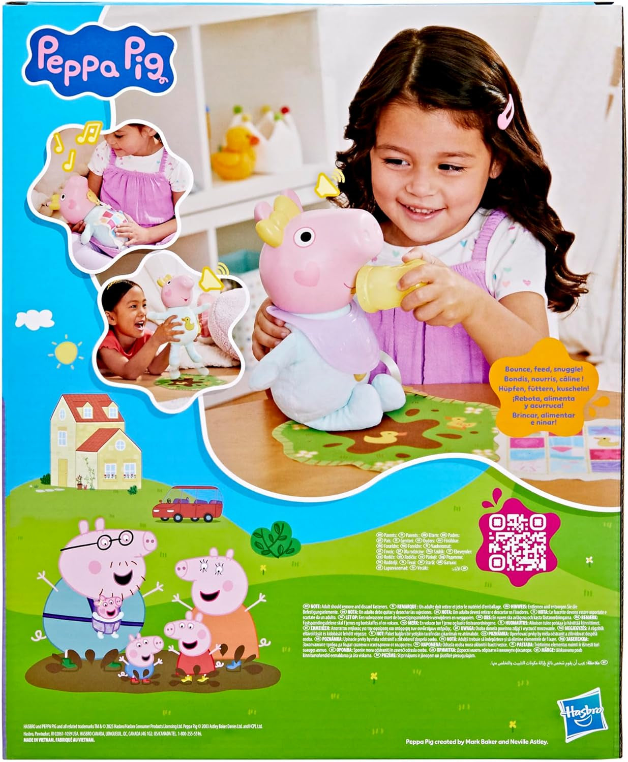 Peppa Pig Grunz und Kuschel Evie interaktive Babypuppe, 28 cm große Puppe für Mädchen mit 20 Geräuschen und vielen Funktionen, Spielzeug-Set für Kinder ab 3 Jahren