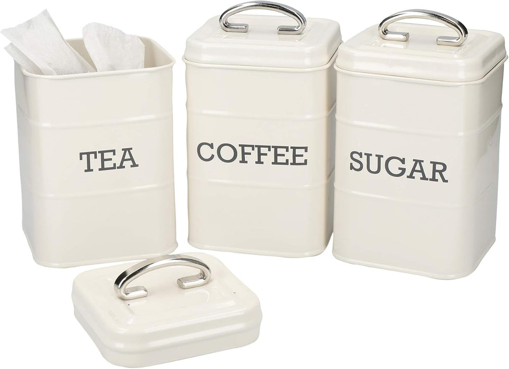 KitchenCraft Living Nostalgia set de 3 borcane de depozitare pentru ceai, zahăr și cafea, în cutie cadou, oțel, Antique Cream , 11 cm x 11 cm x 17 cm, Vintage Blue Cutii depozitare alimente Naty Shop