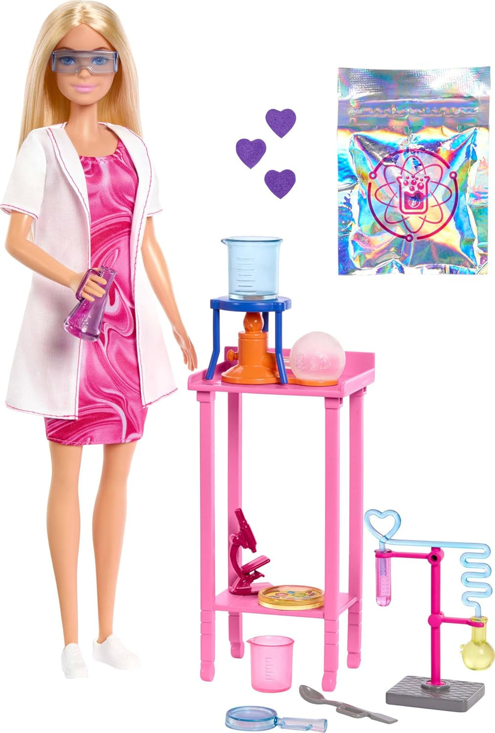Păpușa Barbie Savantă și accesorii cu păpușă blondă la modă, masă de laborator, microscop, pahar care își schimbă culoarea și vas Petri, JCR70