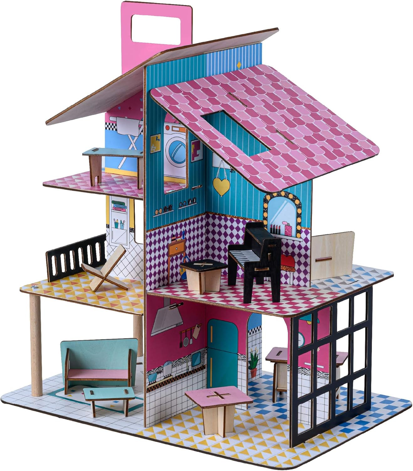 Casă de păpuși din lemn pentru copii Olivia's Little World 360, păpuși de 8,9 cm și 12 accesorii, multicoloră, TD-13260C