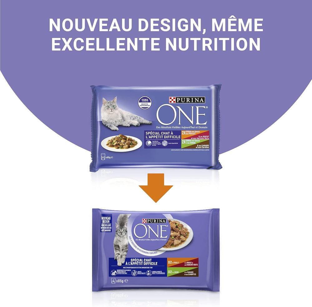 Purina One - Spezialfutter in Sauce Rind/Huhn/Ente und Truthahn für Katzen mit Appetit, 340 g