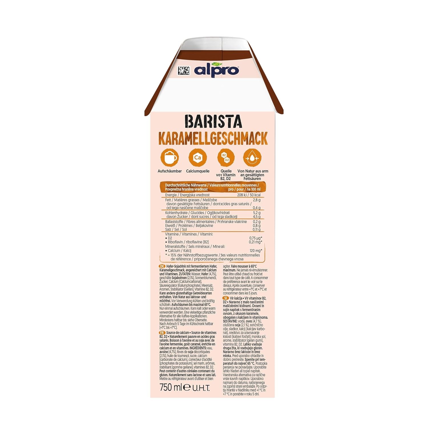 Alpro Barista Karamell – Zum Aufschäumen – Von Natur aus laktosefrei – 8 x 750 ml – Haltbar