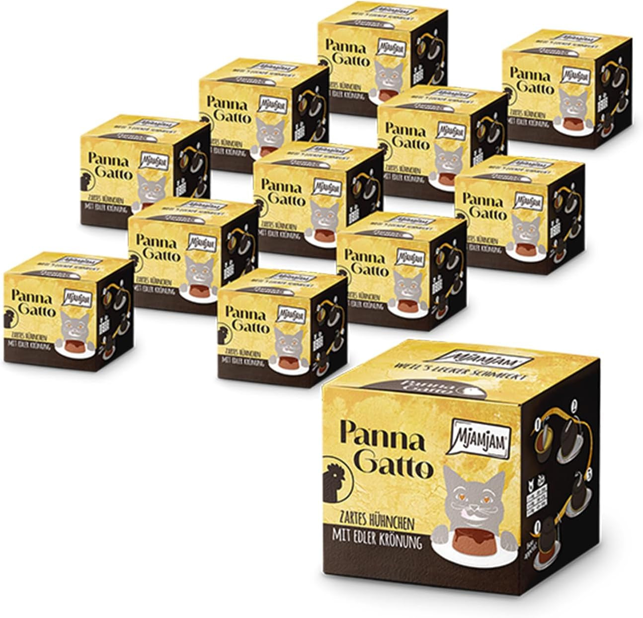 MjAMjAM - Hrană umedă premium pentru pisici - Panna Gatto - pui fraged cu un topping nobil, pachet de 12 (2x80g), fără cereale