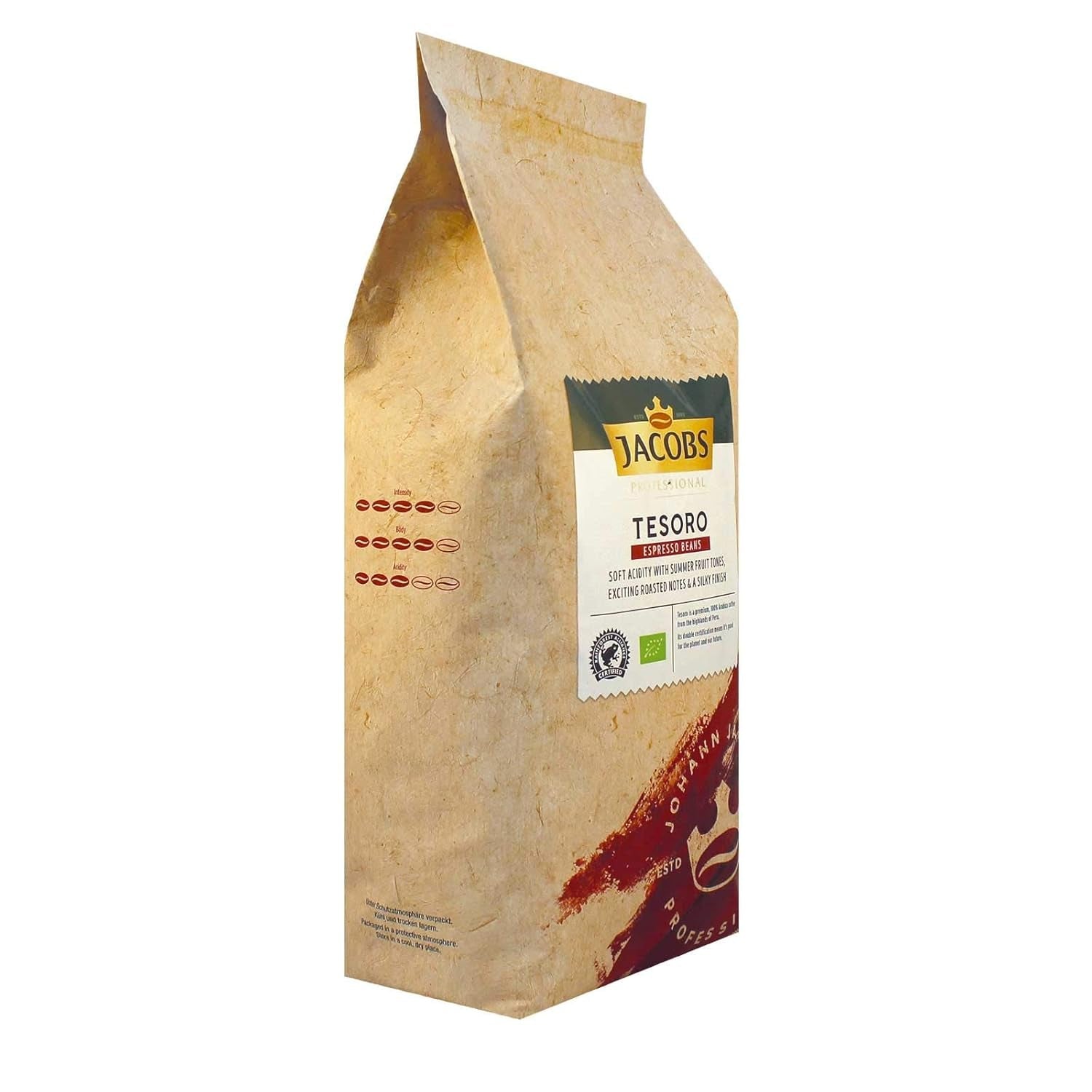 Jacobs Tesoro Espresso Peru - 8 x 1 kg boabe de cafea organice întregi, 100% Arabica