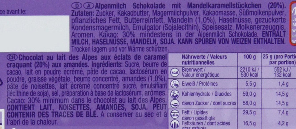 & Daim 1 x 100g I Ciocolată cu lapte alpină I cu bucăți de caramel și migdale I Ciocolată din 100% lapte alpin I Tabletă de ciocolată cu Daim (Pachet de 4)