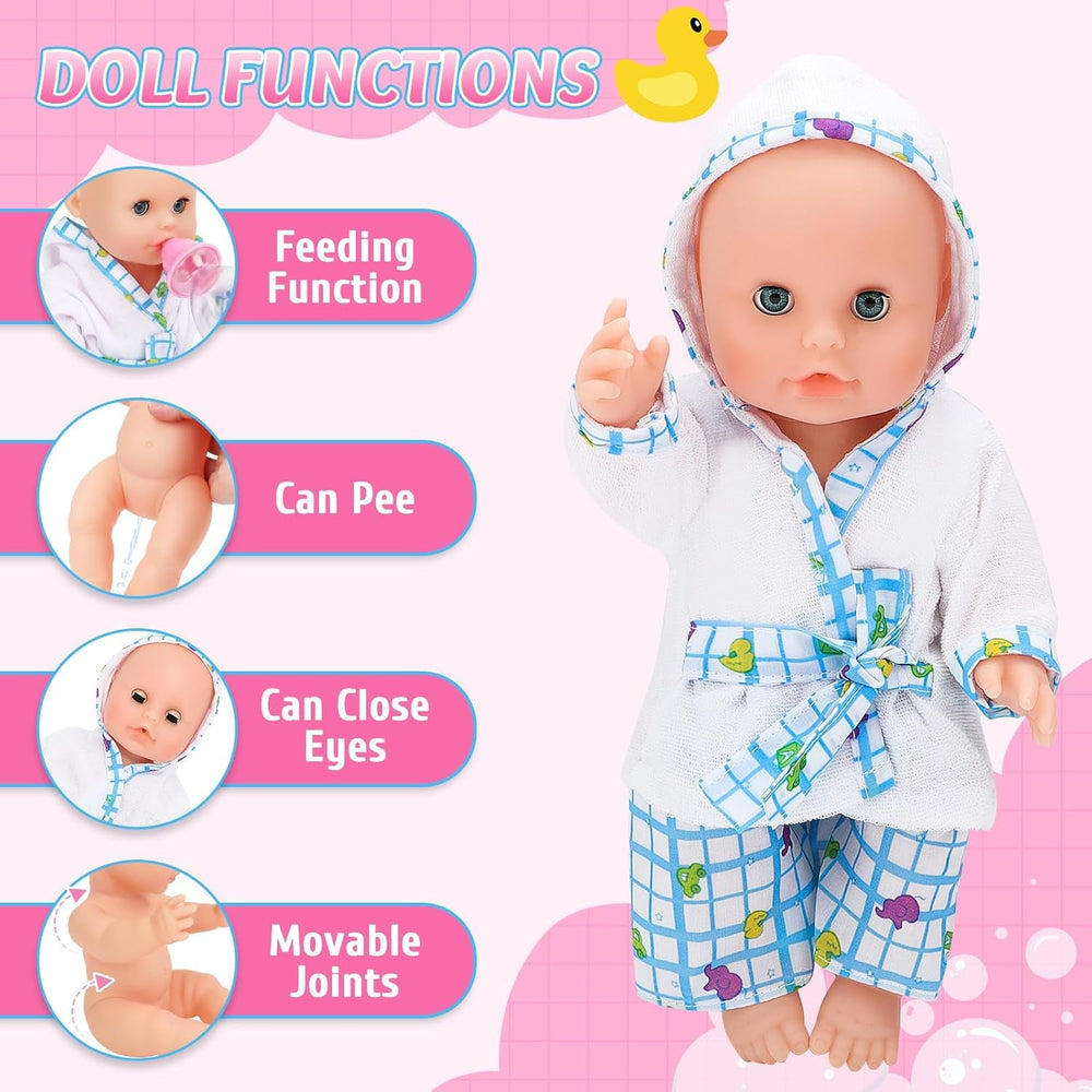 Set cădiță de baie pentru păpuși deAO, păpușă interactivă de 33 cm, baie pentru păpuși, set de joacă pentru păpuși cu suzetă, haine pentru păpuși, halat de baie, scutece pentru păpuși, cadă și spray de duș funcțional