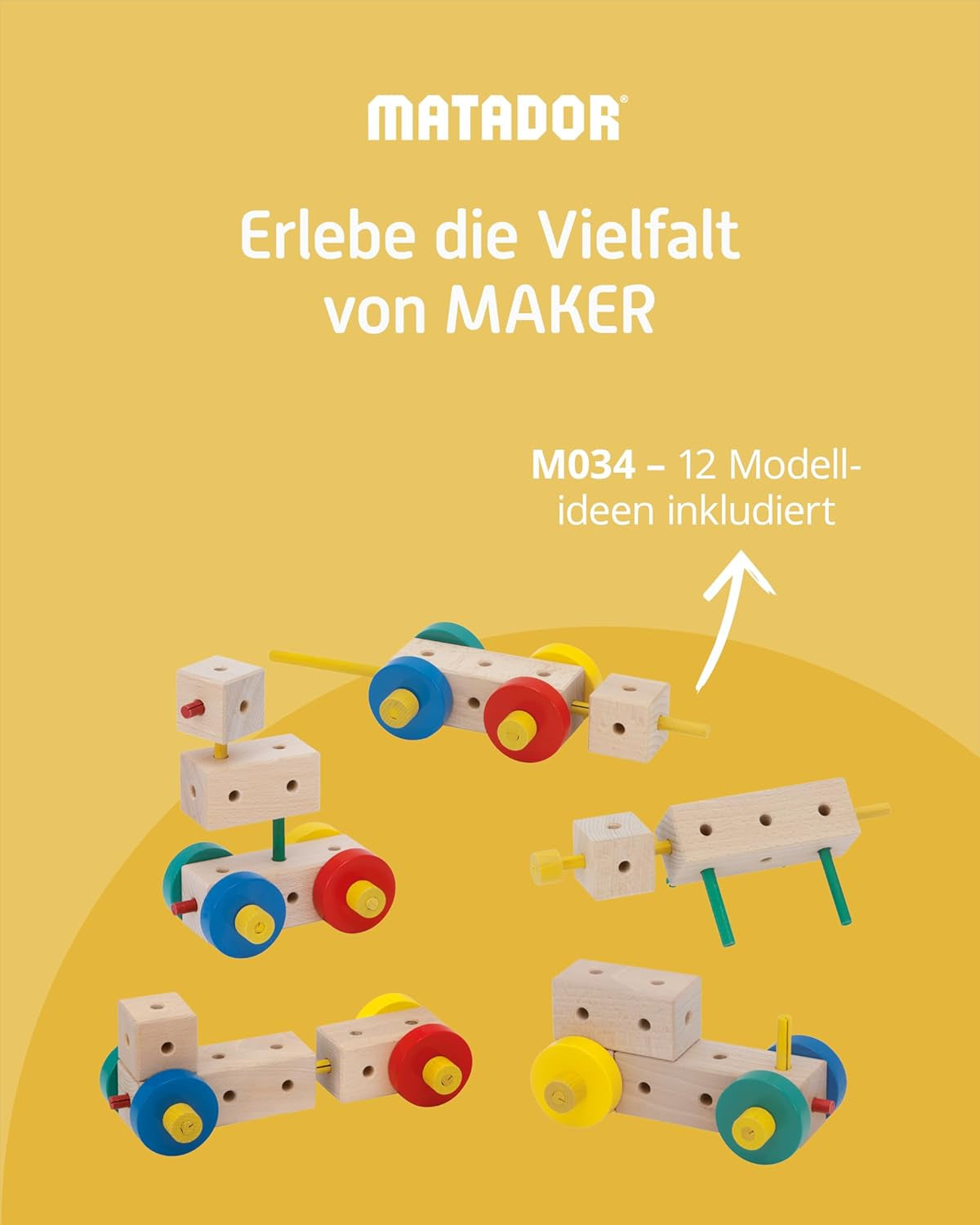 Matador Kinder Baukasten ab 3 Jahren 34-tlg. - Spannendes Holz Konstruktionsspielzeug zur Schulung von Kreativität und Feinmotorik, Bauspielzeug mit Stäbchen, Klötzen, Hammer & Zange