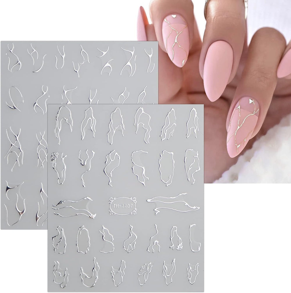 JMEOWIO Nagelsticker Marmor Linie 9 Blatt Nail Art Sticker Selbstklebend Nagelaufkleber Silber Bunt Dekoration Nageldesign Zubehör