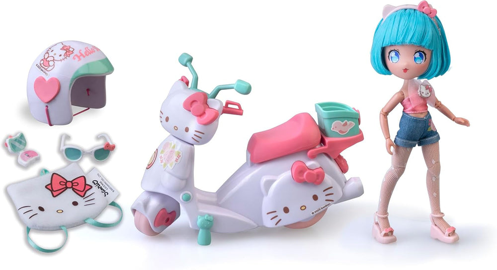 4SF -  Pretty Pink Scooter, Japanische Fashion Puppe mit Motorrad, Figur von 19,5 cm mit 15 Gelenkpunkten, Inklusive Helm und Tasche, Trägt EIN Top mit Mikroschorts, Famosa (HKTF3000)