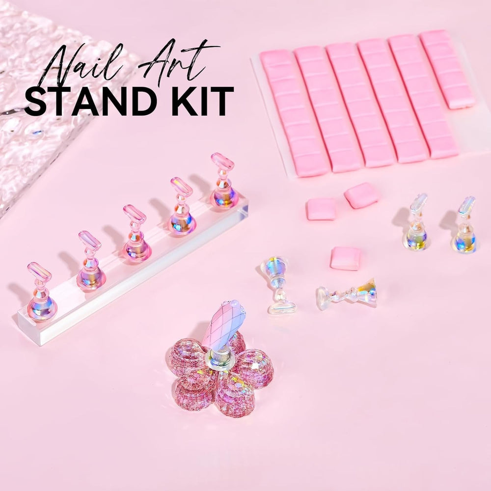 Suport acrilic pentru unghii Makartt, suport pentru unghii magnetic, suport pentru unghii, suport pentru unghii roz transparent, cu 48 de chit adeziv
