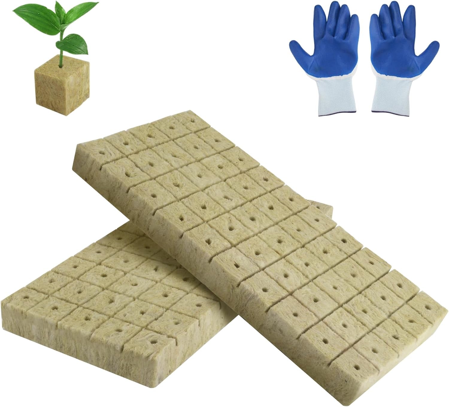100 cuburi din vată de rocă pentru înmulțire, 25x25x25 mm, cu mănuși, izolație din vată de rocă, cuburi de înmulțire Easy Plug, cuburi din vată de rocă pentru hidroponie, butași, înmulțire fără sol