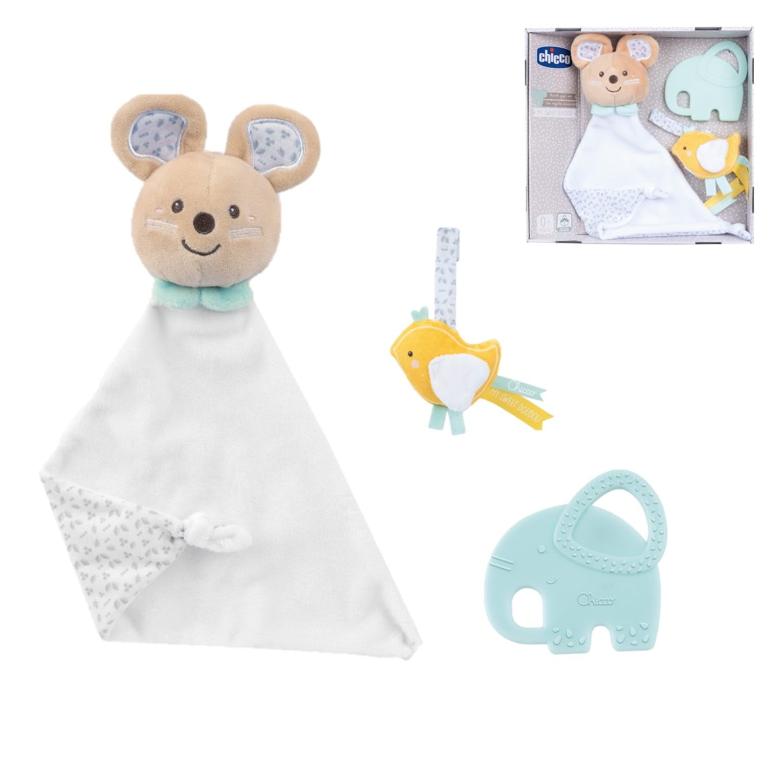 Chicco, Set Cadou Naștere My Sweet Doudou, Pătură DouDou Moale, Suzetă din Velur, Inel de Dentiție cu Elefanți în Relief, Idei de Cadou pentru Nou-născuți de la 0 Luni