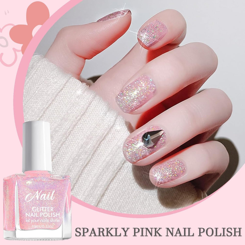 Oja cu sclipici roz - Oja non-toxică, pe bază de apă, pentru femei - Oja cu uscare rapidă - Oja cu sclipici reflectorizant pentru nail art DIY acasă (Roz transparent, 10 ml)
