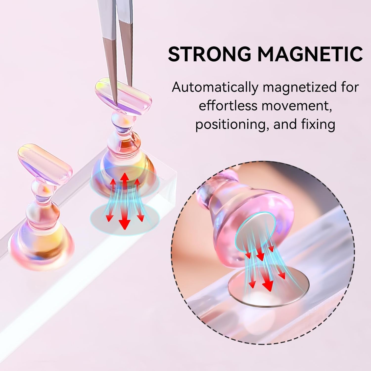 Suport acrilic pentru unghii Makartt, suport pentru unghii magnetic, suport pentru unghii, suport pentru unghii roz transparent, cu 48 de chit adeziv