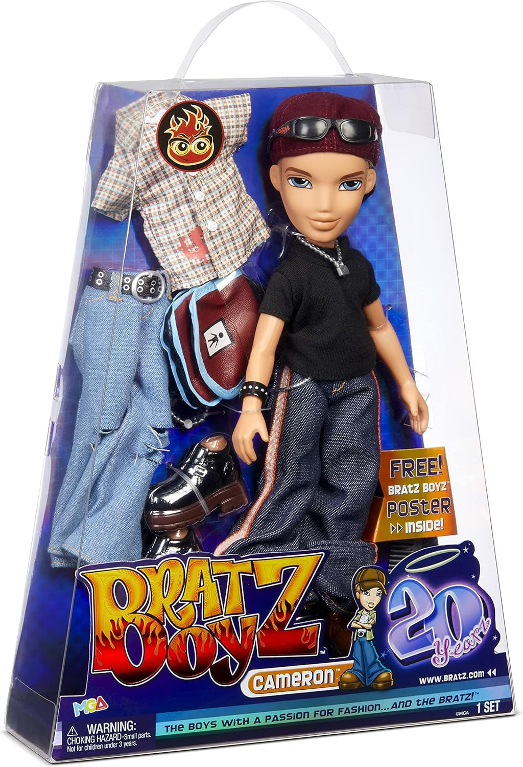 Bratz 20 Special Edition Modepuppe Cameron-Holografische Verpackung & Poster-Sammelpuppe-20 Yearz Motiv, Fan-Liebling Neuauflage von 2001-Mit 2 Outfits, Schuhen, Tasche & Mehr