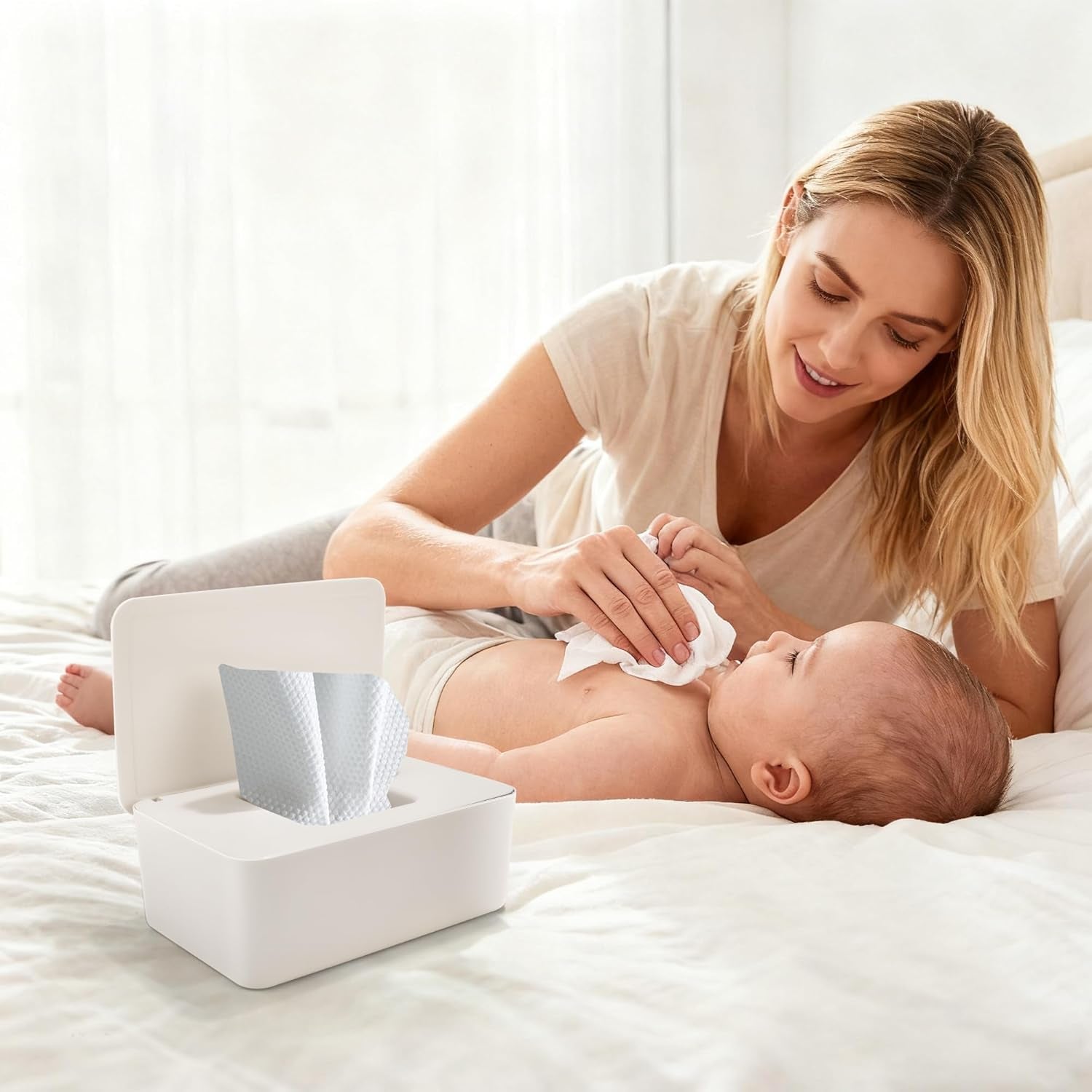 Cutie pentru șervețele umede cu capac, cutie pentru șervețele umede, distribuitor de șervețele umede pentru bebeluși, cutie de depozitare impermeabilă și sigilată, distribuitor de șervețele umede pentru baie, bucătărie, alb