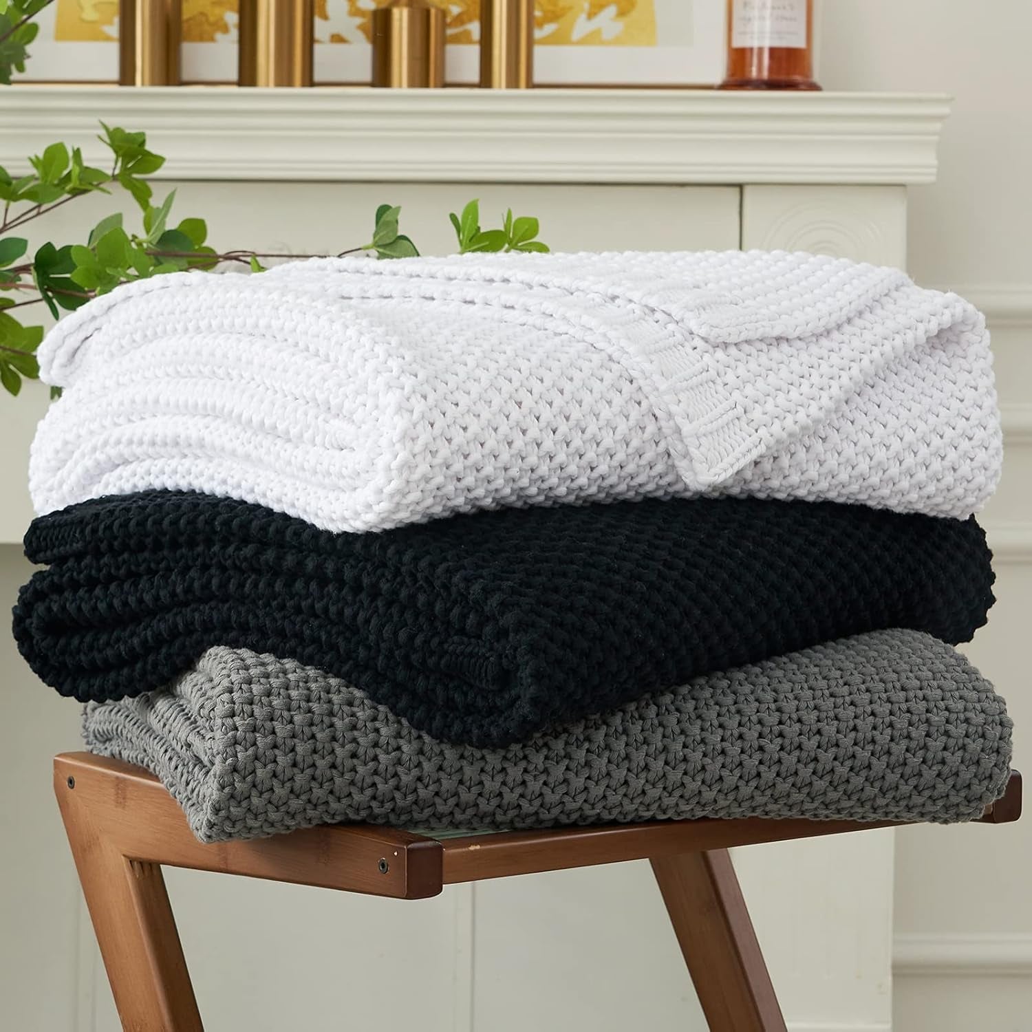 Chunky tricot arunca pătură, Lightweight, Bej, 100% bumbac organic, Pătură pentru canapea, canapea, pat, copil, camera copiilor, Rustic, Shabby chic, Modern farmhouse, 152.4 X 203.2 cm, Inclusiv sac de rufe Paturi si Cuverturi Longhui bedding Negru 60"X80", supradimensionat