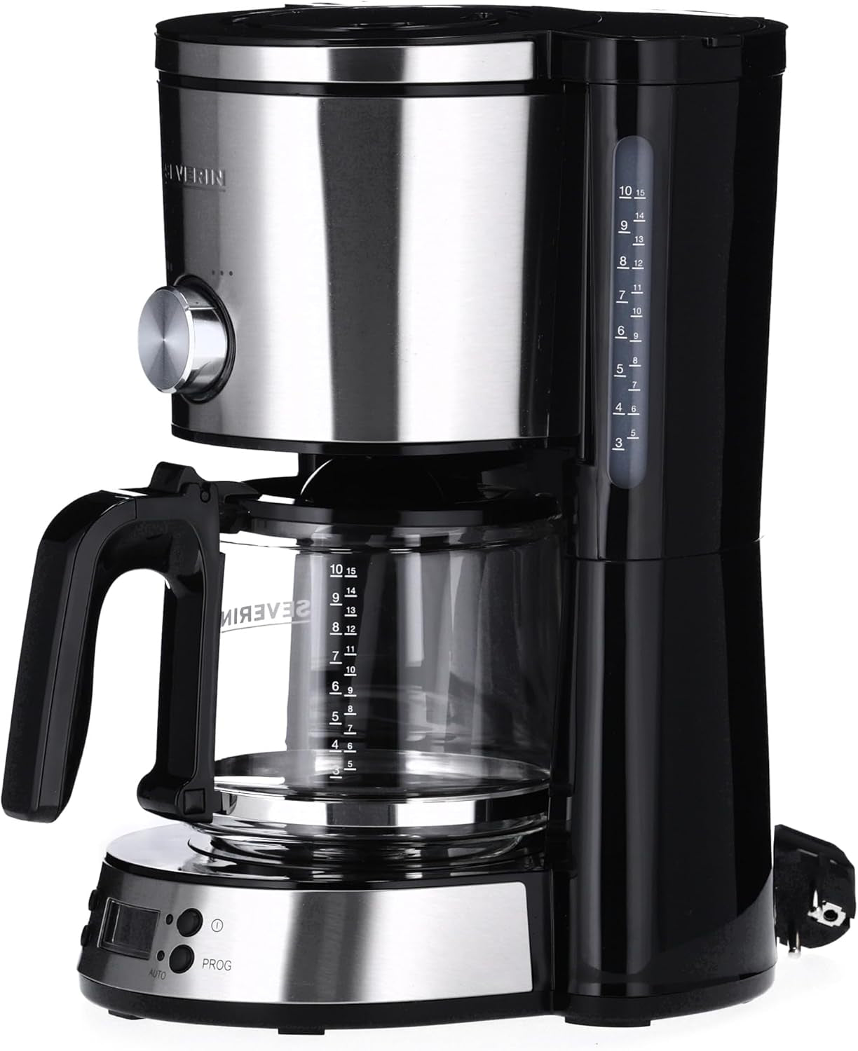 Espressor SEVERIN „TypeSwitch” cu carafă de sticlă și cronometru, AromaSwitch pentru alegerea a 2 opțiuni de preparare, ceas digital cu funcție de cronometru, pentru până la 10 cești, 1000W, oțel inoxidabil periat-negru, KA 4826