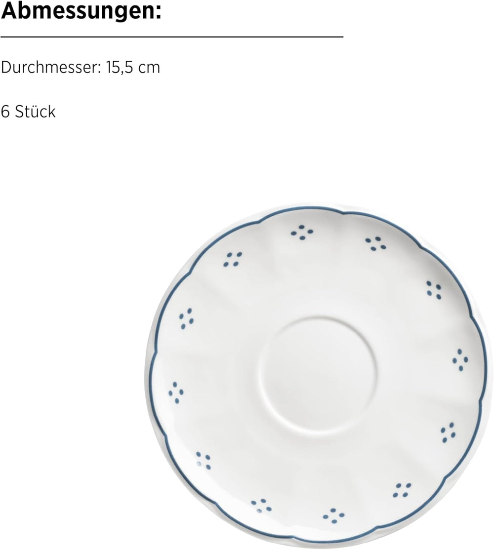 Seria Mäser Lova, serviciu de cafea din porțelan cu 18 piese – 6 farfurii de desert (19,5 cm), 6 cești (19 cl) și 6 farfurioare (15,5 cm), albastru