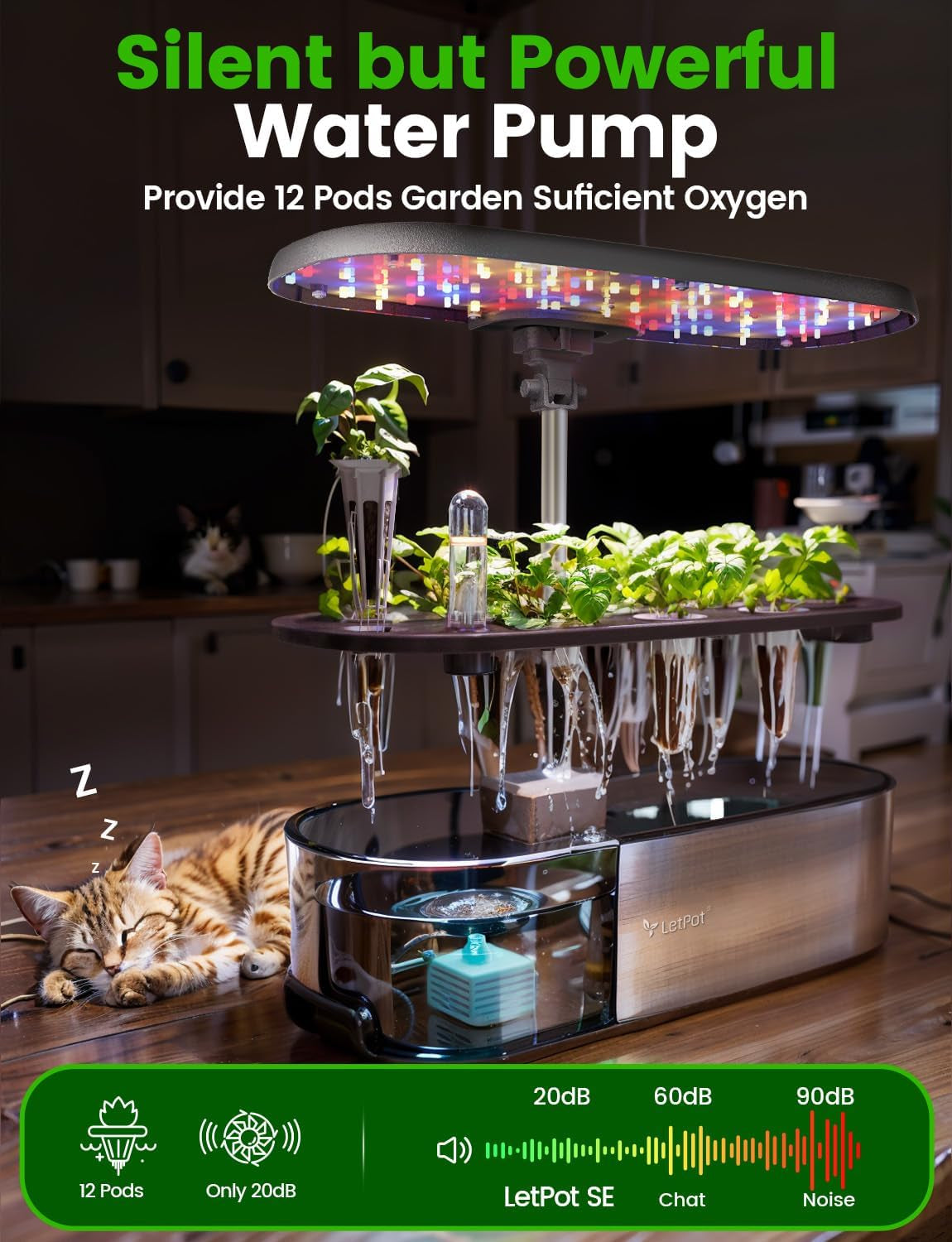 Sistem de creștere hidroponică WiFi LPH-SE, kit inteligent pentru grădină de plante aromatice cu 12 ghivece pentru uz interior, grădină interioară cu lampă LED de creștere de 24 W, rezervor de apă de 5,5 l, sistem de pompare, temporizator automat