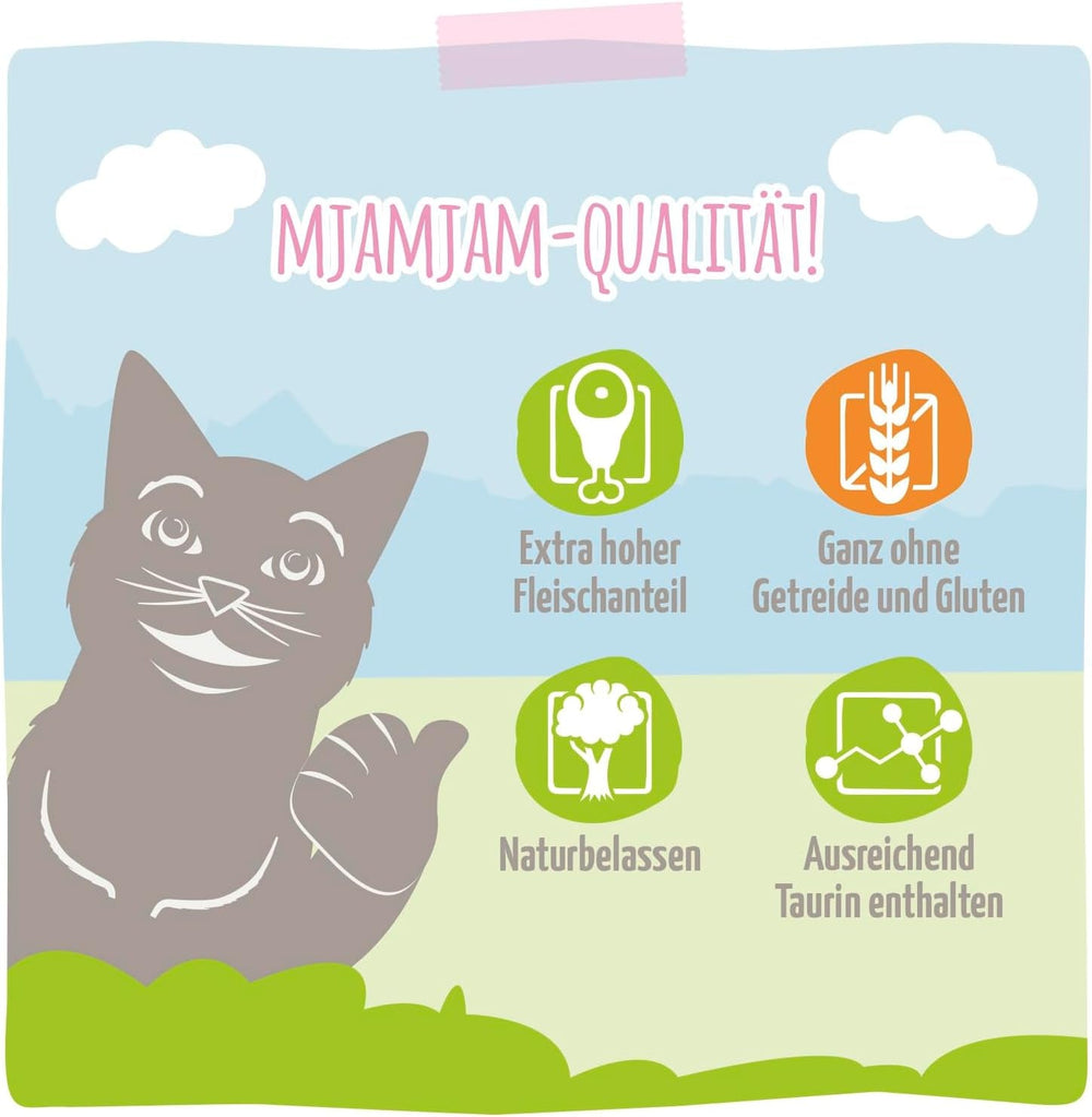 MjAMjAM - Hrană umedă premium pentru pisici - pui suculent și somon sălbatic, pachet de 6 (6 x 400 g), fără cereale cu carne suplimentară