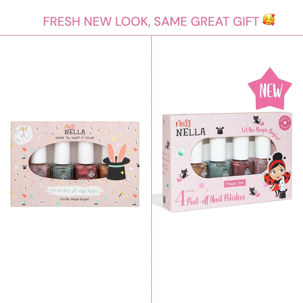 Set de ojă cu sclipici Miss Nella Magic Collection, 4 piese: roz, roșu, auriu și albastru, ojă detașabilă specială pentru copii, non-toxică, pe bază de apă și inodoră