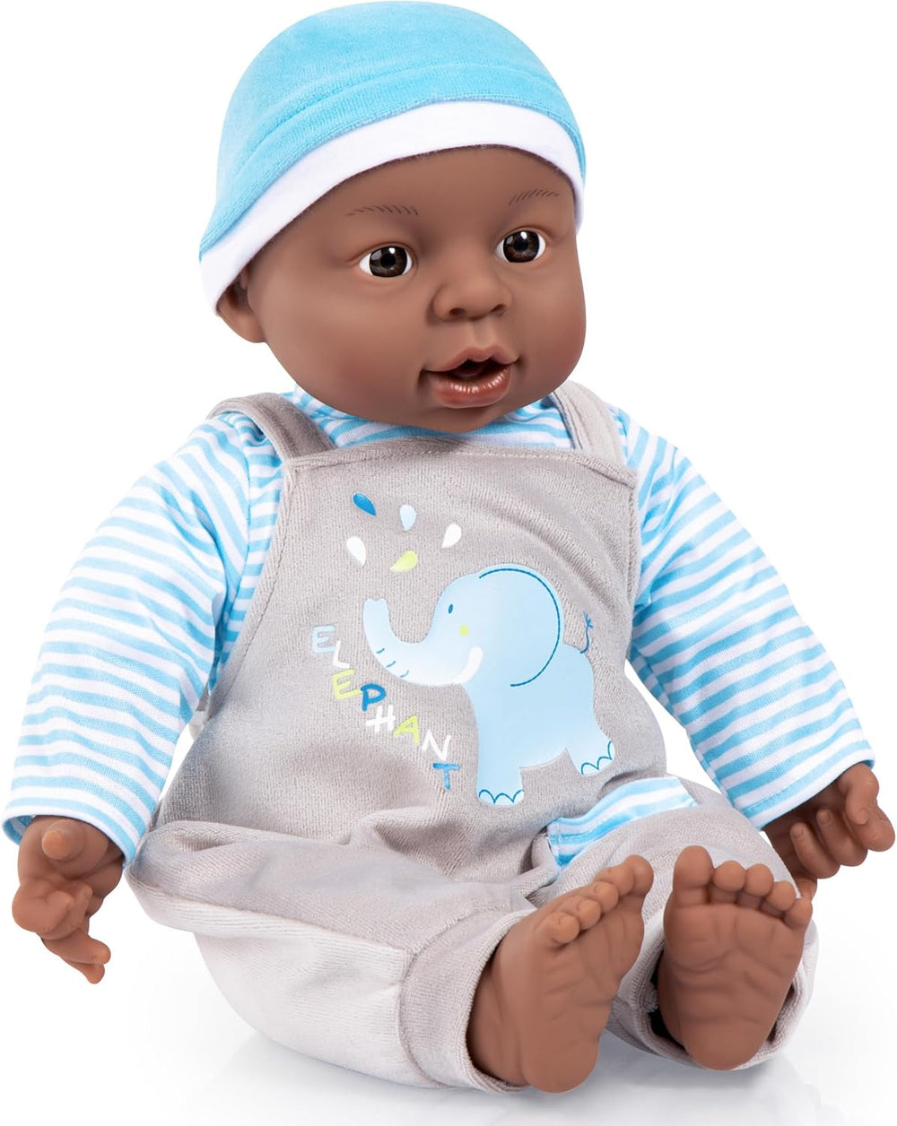 Bayer Design 94001AH Funktionspuppe, Babypuppe Interaktiv, Junge, sprechend, weicher Körper, 40 cm, dunkelhäutig, Blau