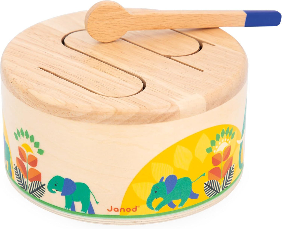 Janod - Tobă Gioia - Tobă din lemn FSC + tobă - Joc de rol și educație muzicală timpurie - Acuarelă - De la 18 luni, J07650 Jucarii Bebe Naty Shop Titlu implicit